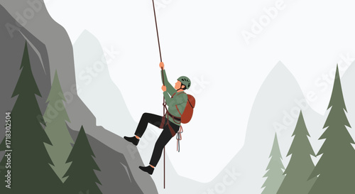 Person Rappelling Down Rock Face in Wilderness Environment Depicting Extreme Adventure