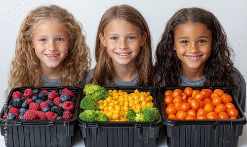 Three girls smiling, holding boxes of various fruits and vegetables