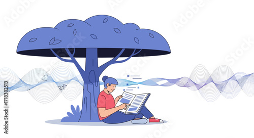 Reading Under Tree: Person Absorbed in Knowledge Surrounded by Abstract Sound Waves