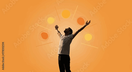 Person Reaching Skyward With Sunburst Symbols, Capturing Hope And Sunlight