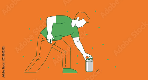 Person Reaching Beverage Can Outline Illustration Against Vibrant Orange Background