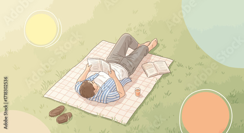 Person Reading A Book While Lounging Outdoors On A Blanket During Sunshine