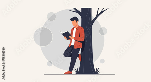 Person Reading Beside A Tree, Contemplating, Relaxing And Enjoying Peaceful Moments