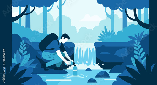 Refreshing Water Adventure: A Hiker Refilling Water from Waterfall, Beautiful Blue Tones