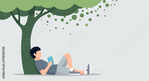 Relaxation And Leisure: A Young Person Reading Under A Shady Tree In Peace