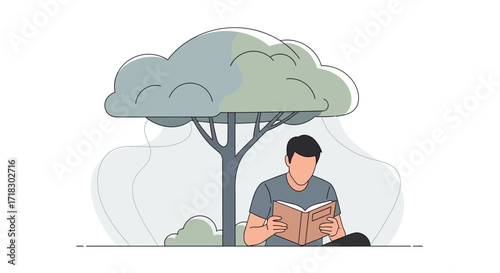 Person Reading Under A Tree On A Sunny Day Simple Minimalist Vector Illustration