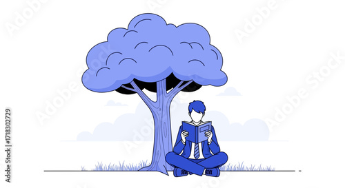 Person Reading Under Tree in Minimalist Vector Illustration for Relaxation and Education