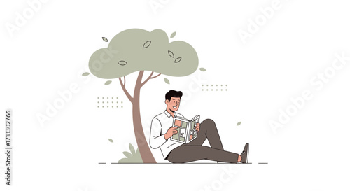 Relaxation Time And Reading Under The Shade Of A Tree Minimalist Illustration
