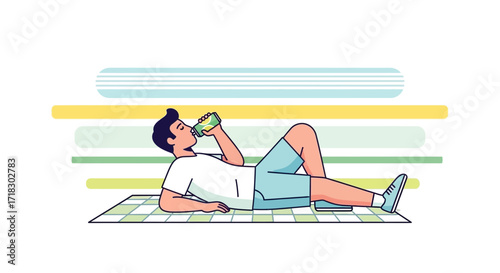 Person Reclining, Drinking Water, Refreshing After Physical Activity, Resting in Summer Heat