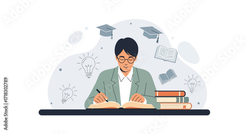Person Reads And Writes With Books, Brainstorming And Education On A White Background