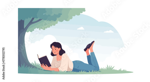 Relaxation Under A Tree: Woman Reading A Book In A Beautiful Green Park