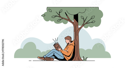 Person Reads Book Under Tree, Illustration of Leisure, Relaxation, and Learning Moment