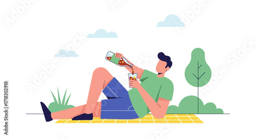 Person Relaxing Outdoors Pours Beverage Into Glass, Summer Leisure Illustration