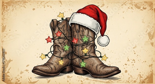 Christmas Cowboy Boots with Lights and Santa Hat