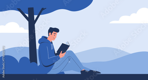 Relaxed Man Under The Tree Enjoying A Good Book, Reading And Daydreaming Outdoors