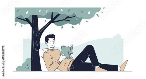 Relaxed Man Reading Under Tree Shade, Embracing Tranquility and Leisure Moments