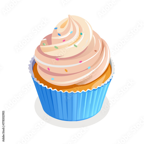 Delicious vanilla cupcake with frosting and sprinkles vector illustration for bakery and dessert lovers