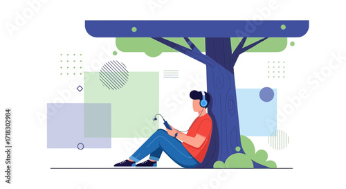 Person Relaxing Under Tree While Listening To Music in Peaceful Environment