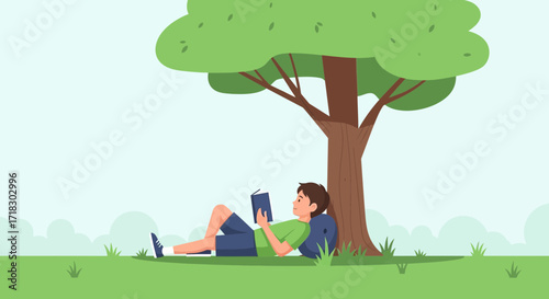 Person Relaxing Under Tree Reading Book, Enjoying Quiet Time And Leisure Moment