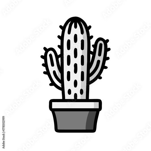 Illustration of a potted saguaro cactus plant for desert flora and indoor houseplant decor with spines and pot