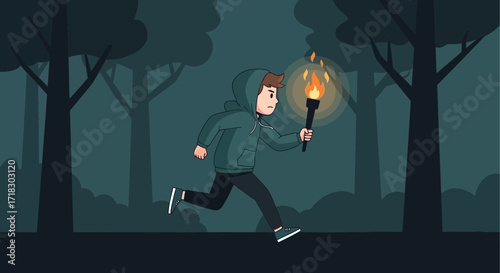 Person Running Through Forest at Night With Torch Illustration