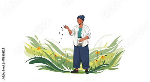 Person Scattering Seeds In A Field, Amidst Greenery, Showing Agricultural Activity