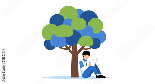 Person Seated Beneath a Tree, Deep in Thoughts, Reading and Finding Tranquility