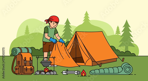 Person Setting Up Tent In Forest, Enjoying Outdoor Adventure And Camping Experience