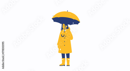 Person Shielded Under Umbrella In The Rain With Vibrant Yellow And Dark Blue Colors