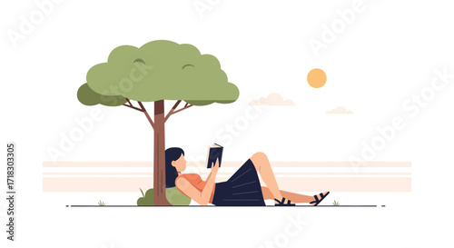 Relaxed Woman Underneath a Tree Enjoys Reading Enjoying Peaceful Moment Outside