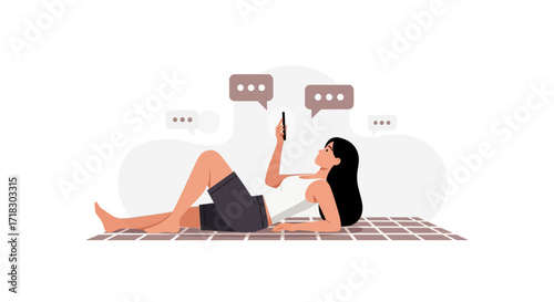 Relaxed Woman Texting Lying Down, Phone Communication and Social Media Focus