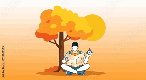 Person Under A Colorful Autumn Tree Reading A Map And Checking A Compass