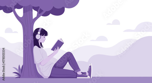 Relaxed Woman Reading Under Tree With Headphones, Peaceful Day In The Nature