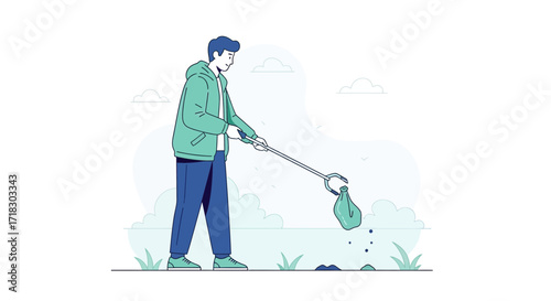 Person Using Grabber To Picking Trash, Environmental Preservation, Outdoors, Cleanliness