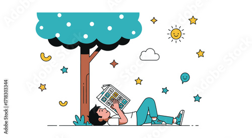 Relaxing Afternoon: Enjoying A Book Under The Shade Of A Lush Green Tree
