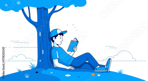 Relaxed Young Person Reading Under a Tree In A Simple And Colorful Style
