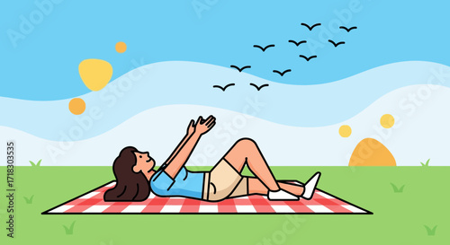 Relaxing Moment: Woman Enjoys a Daydream While Looking at the Sky and Birds