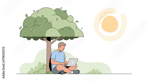 Person Working Outdoors Under Tree on Laptop Modern Illustration In Sunlight