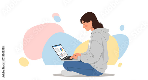 Person Working On Laptop With Graphics, Vector Illustration, Sitting And Concentrating