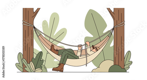 Relaxing Moment, Person Reclining on Hammock Between Trees in a Forest Setting