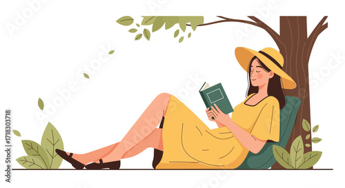 Relaxing Summer Reading Under A Tree: Peaceful Moment With A Book and Nature