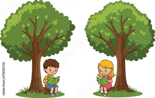 Children reading books under trees, outdoor learning, peaceful nature scene, kids education, summer park, cartoon illustration, greenery, childhood, relaxation, study