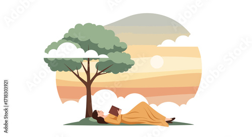 Relaxing Under Tree And Reading Book During The Peaceful Sunset Moment