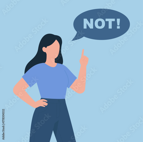 Flat vector of a confident person raising a finger with bold “NOT!” in speech bubble, symbolizing humor, refusal, or strong disagreement.  