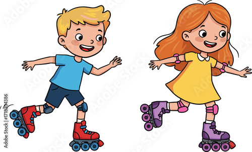 Children roller skating, outdoor activity, safety gear, fun movement, childhood play, colorful outfit, balance, teamwork, summer sport, active lifestyle, protective pads