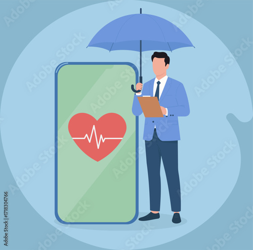 Flat vector of digital health app with heart monitoring, protection, and mobile healthcare technology. 
