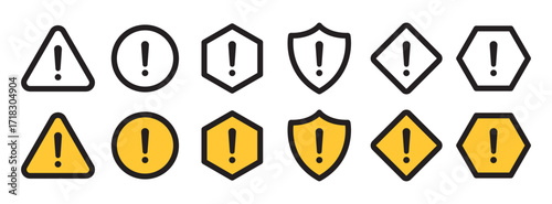 Warning symbols, Caution signs, Alert icons, Exclamation mark set, Safety hazard shapes vector illustration in black and yellow color.