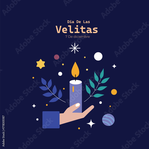 Dia de las velitas colombian holiday celebration with a hand holding a candle surrounded by colorful stars and leaves on a dark blue background