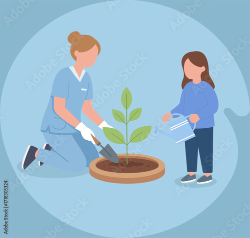 Adult and child planting together, symbolizing growth, care, teamwork, and teaching environmental responsibility