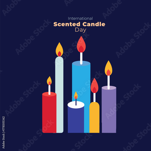 Dia de las velitas colombian holiday celebration with a hand holding a candle surrounded by colorful stars and leaves on a dark blue background